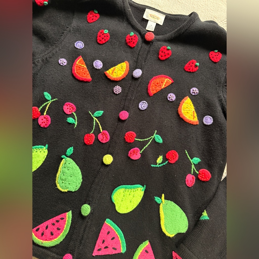 Vintage Rare Talbots Cardigan with Whimsical Fruit Embroidery Playful Buttons - Picture 4 of 7